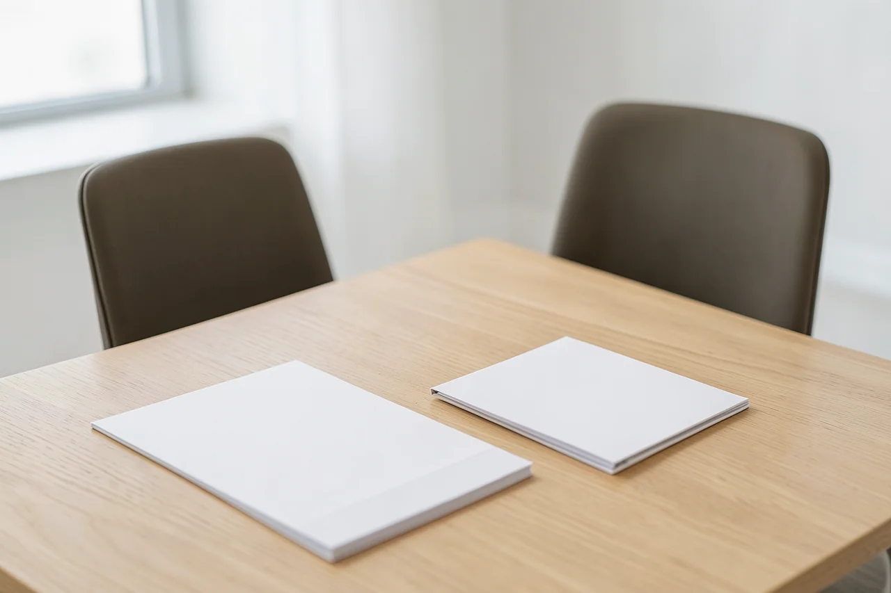 Illustrative table setting with folders and chairs