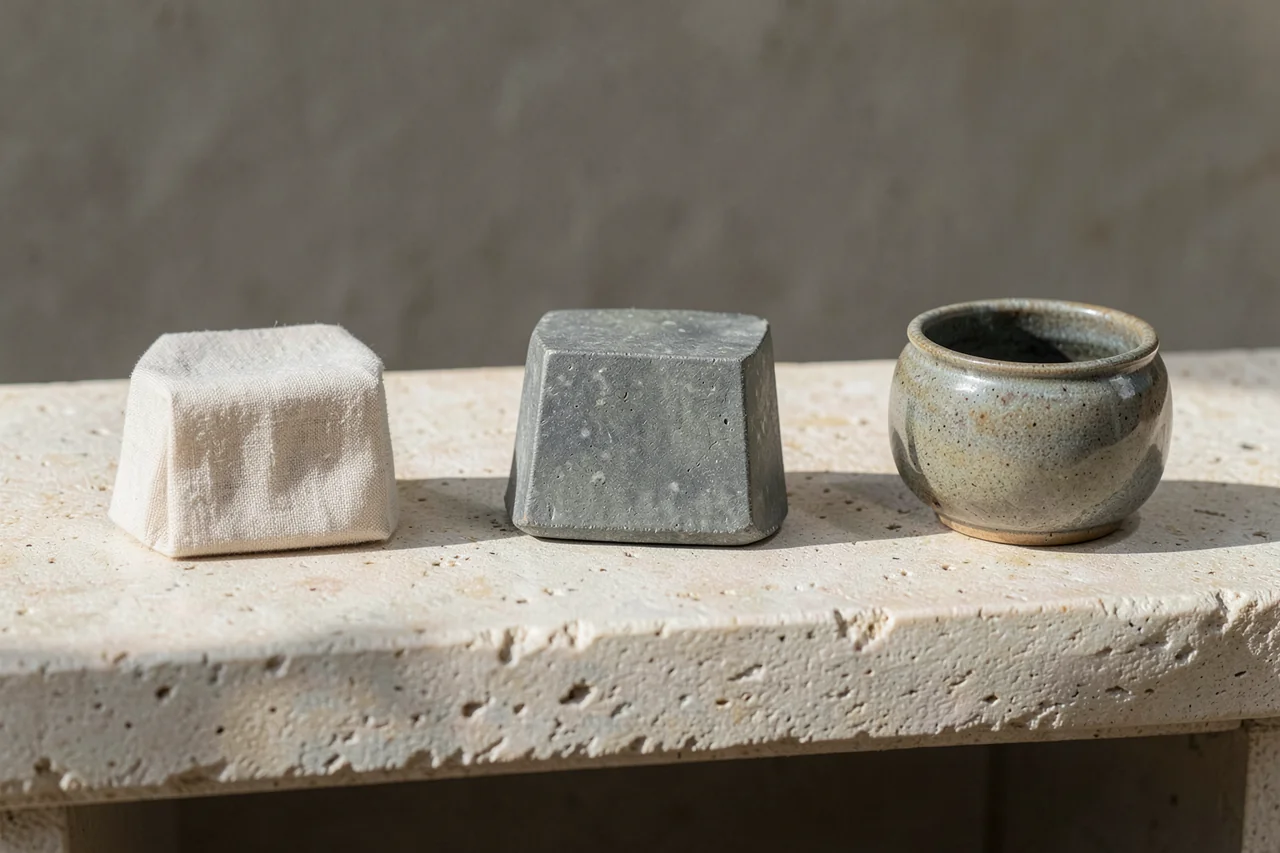 Three contrasting product and material samples